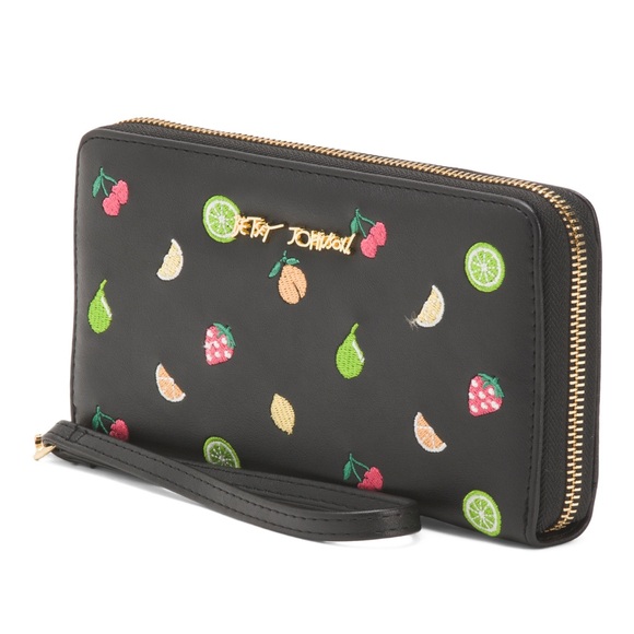NWT-Betsey Johnson-Fruit🍒🍋🍊🍐🍓🍑Embroidered-Large Zip Around Wristlet Wallet-$58 - Picture 9 of 12